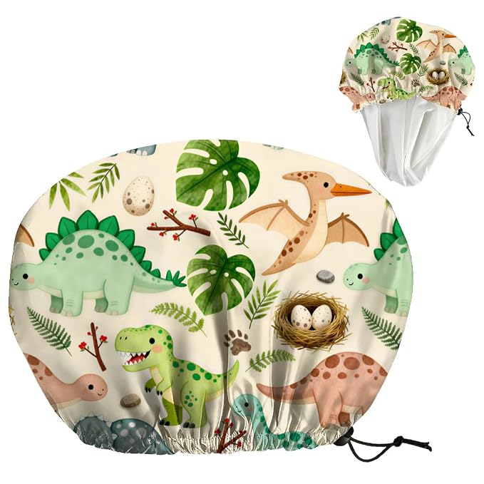 Dinosaurs Leaves Reusable Shower Cap Cute Double Layer Waterproof Shower Caps by DELORIGIN
