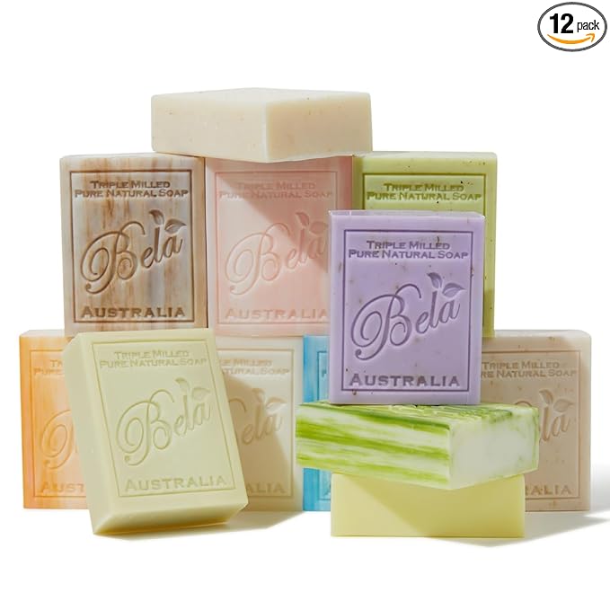 BELA Triple Milled Soap Variety Pack 3.3 OZ Pack of 12, Long Lasting French by BELAPURENATURALSOAPSANDODORELIMINATINGHOMEFRAGRANCES