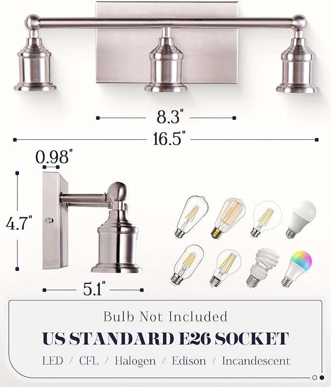 3-Light Vanity Light Fixture, Modern Brushed Nickel Wall Sconce Light Fixture - Image 5