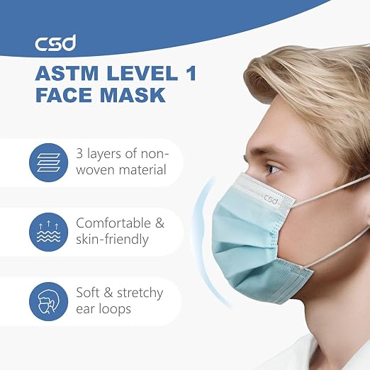 CSD Colo 50 Pcs ASTM Level 1 Disposable Face Masks, 3 Ply Adult Mask - Image 3