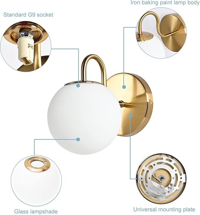 Modern Bedroom Wall Sconce Brushed Brass Indoor Wall Light Fixture Milk White - Image 6