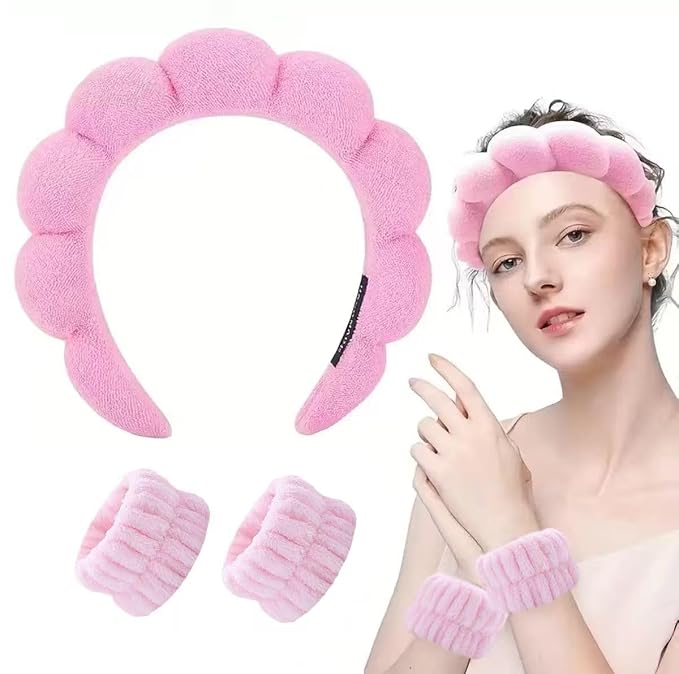 Spa Headband and Wristband Set for Women, Terry Cloth Sponge Headband for - Image 2