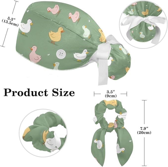 Scrub Caps Women Ponytail Cute Pink and White Leaves Caps Bouffant Working Hat - Image 2