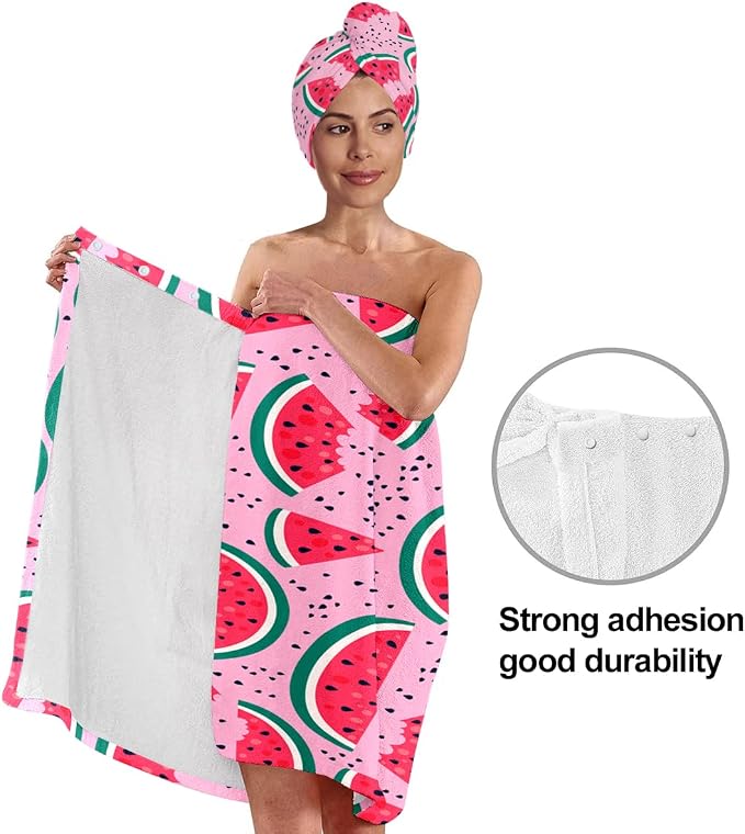 Watermelon Print Bath Wrap and Hair Drying Towel Set – Microfiber Quick Dry - Image 4