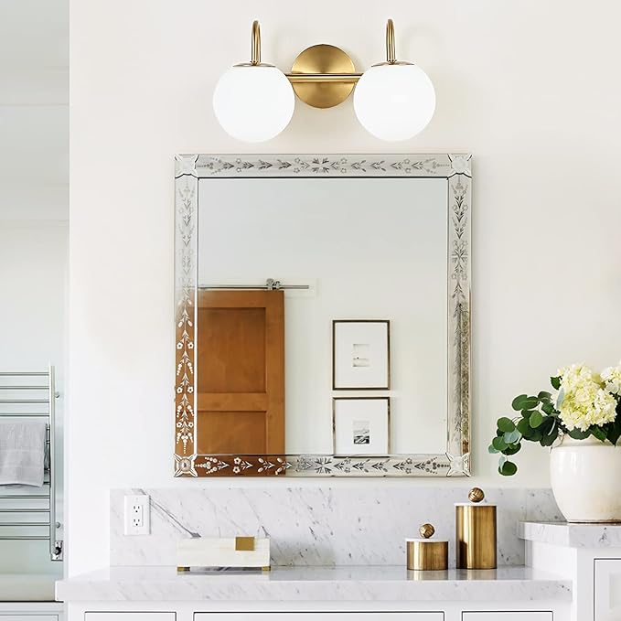 Modern Bathroom Vanity Light Fixtures 2 Lights Brushed Brass Milk White Globe - Image 2