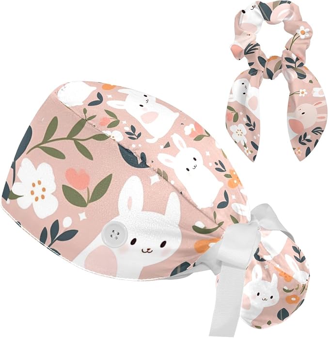 Scrub Caps Women Ponytail Cute Pink and White Leaves Caps Bouffant Working Hat by Unknown