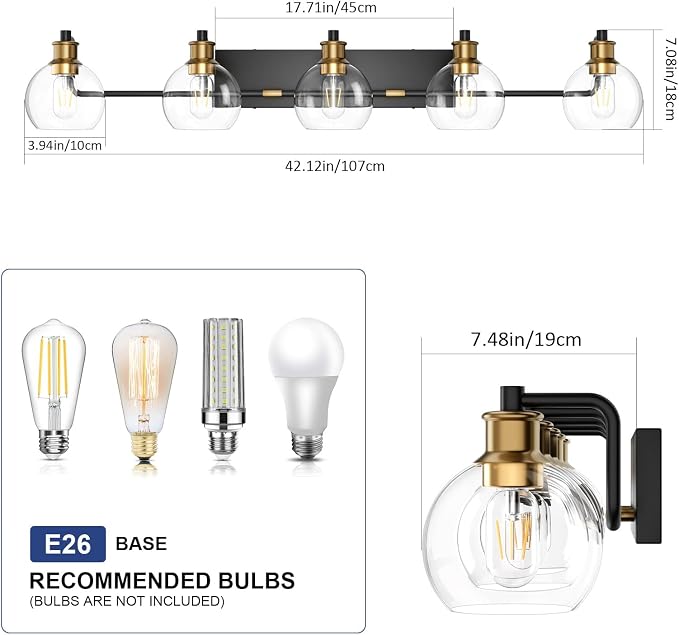 Tipace Vintage Vanity Light Fixture, 5-Light Industrial Black & Gold Bathroom - Image 4