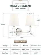 2-Light Bathroom Light Fixtures, Brushed Nickel Vanity Lights, Double Wall - Image 3