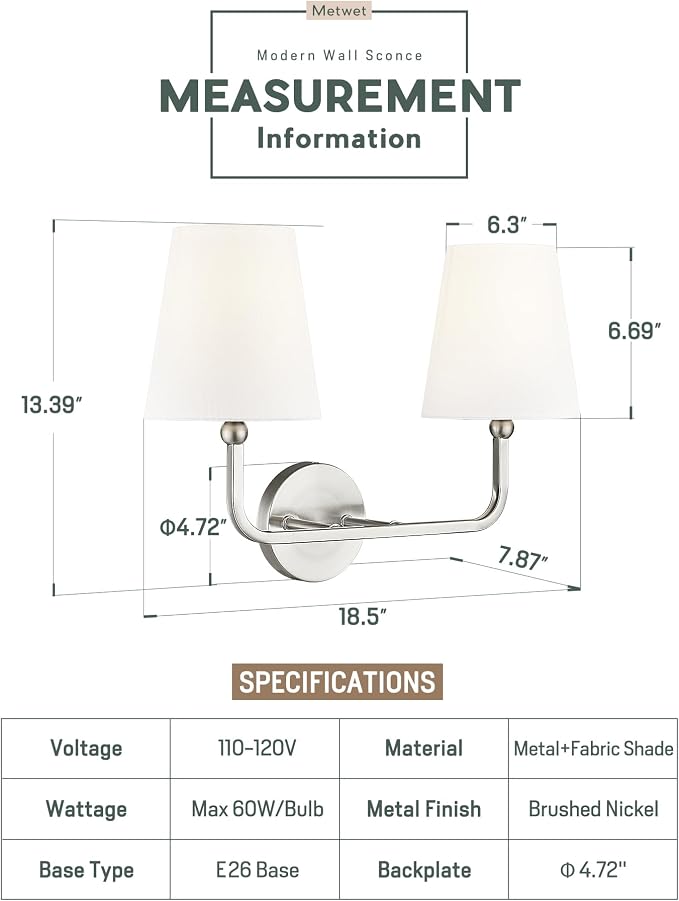 2-Light Bathroom Light Fixtures, Brushed Nickel Vanity Lights, Double Wall - Image 3