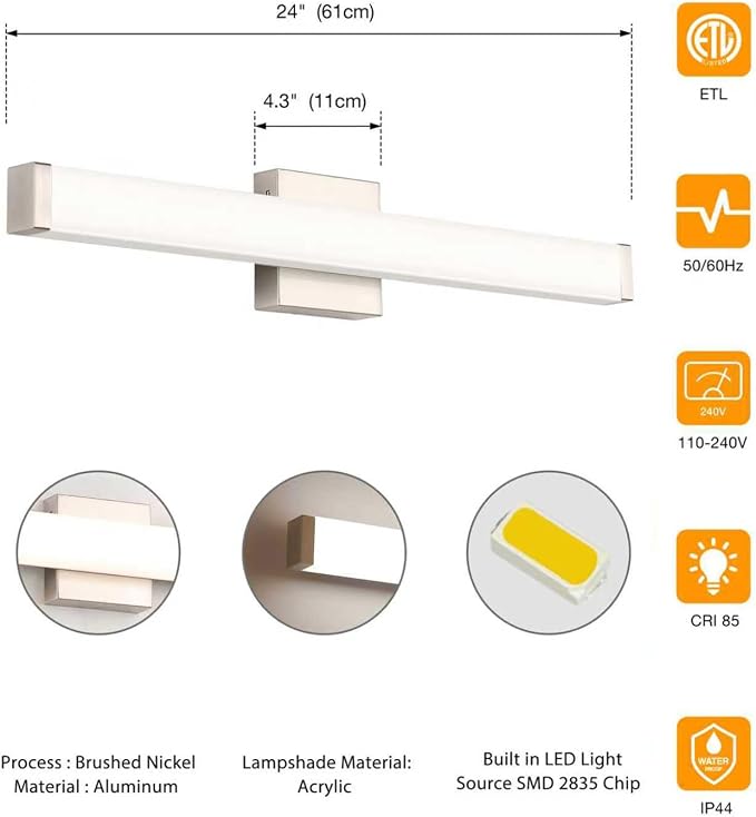 LED Bathroom Vanity Light Fixtures 24 in Brushed Nickel, 14W 4000K Natural - Image 5