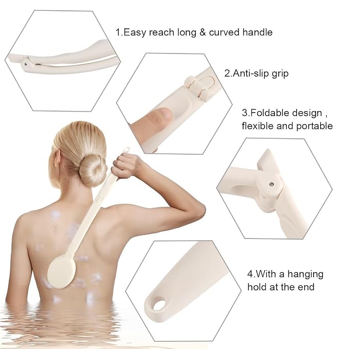 LFJ 19" Long Handle Shower Sponge Brush Set, 3 in 1 Body Brush, Bath Sponge and - Image 3