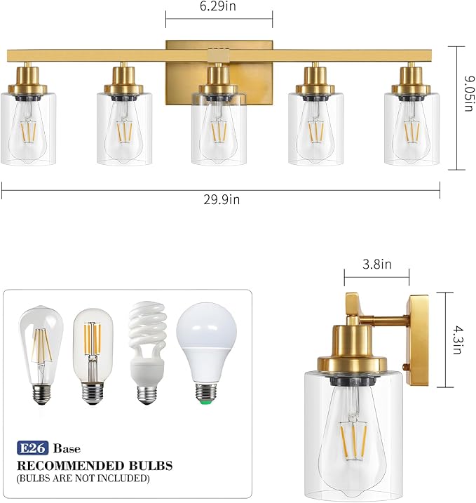 5 Light Gold Bathroom Vanity Light, Bathroom Light Fixtures - Image 3