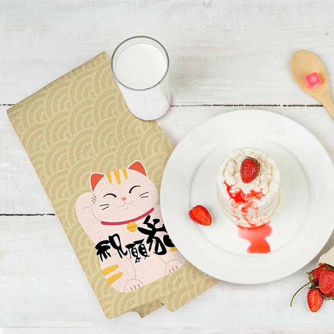 2PCS Cute Lucky Cat Kitchen Towels, Waving Cat Themed Gifts Waffle Weave Dish - Image 6