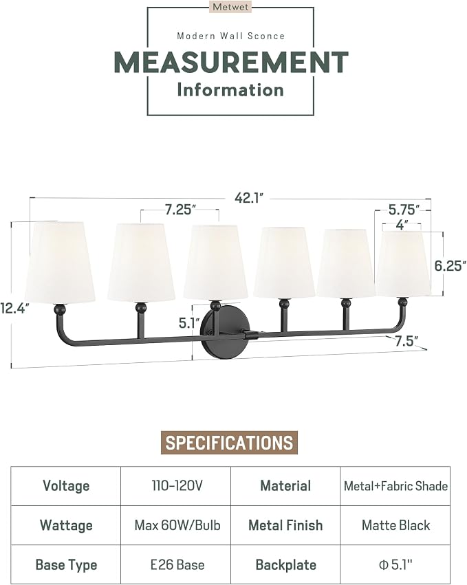 Bathroom Light Fixtures, 42 Inch Matte Black Vanity Lights - Image 2