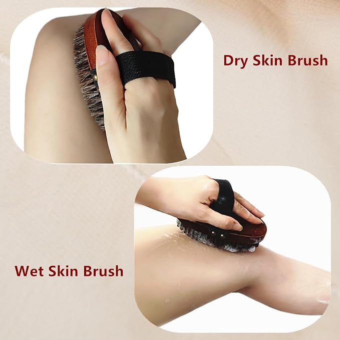 Dry Brushing Body Brush, Exfoliating Body Scrubber Natural Horsehair Bath - Image 3
