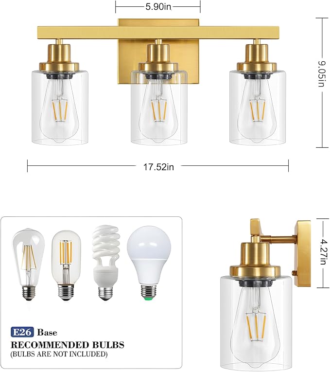 3 Light Gold Bathroom Light Fixtures, Bathroom Vanity Light Over Mirror - Image 5