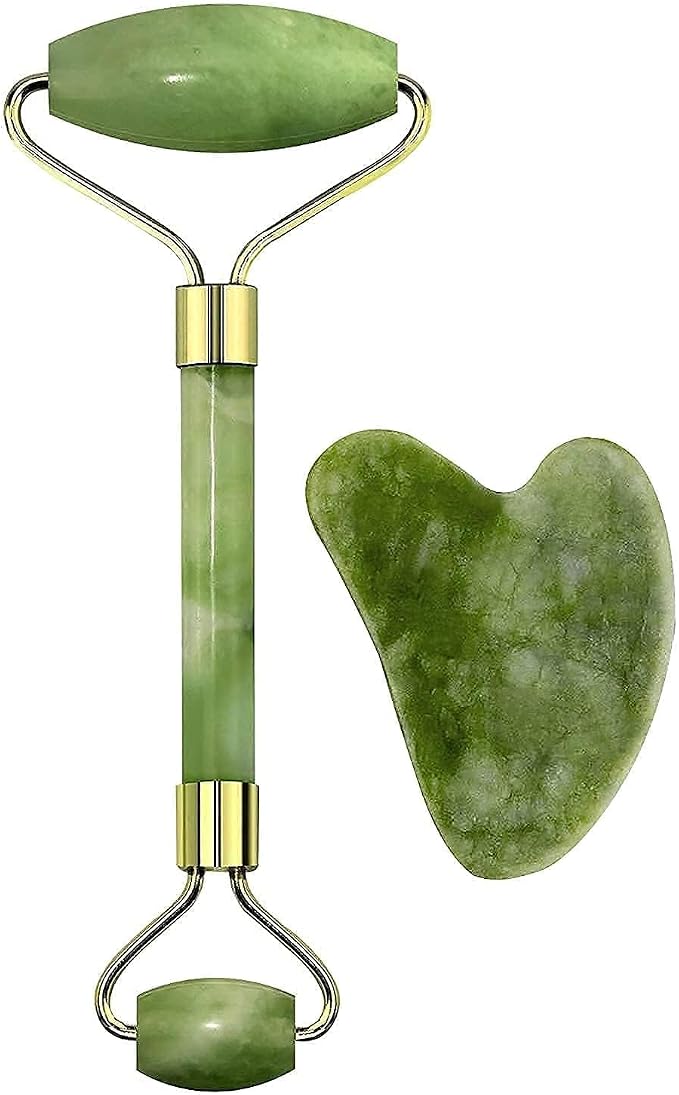 Jade Roller & Gua Sha Set – 100% Natural Jade Stone Face Massager | Cooling by Unknown