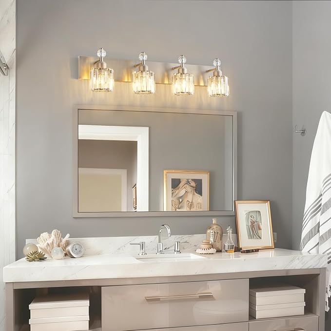 PRESDE 4-Light Brushed Nickel Vanity Light, Crystal Modern Bathroom Light Over - Image 2