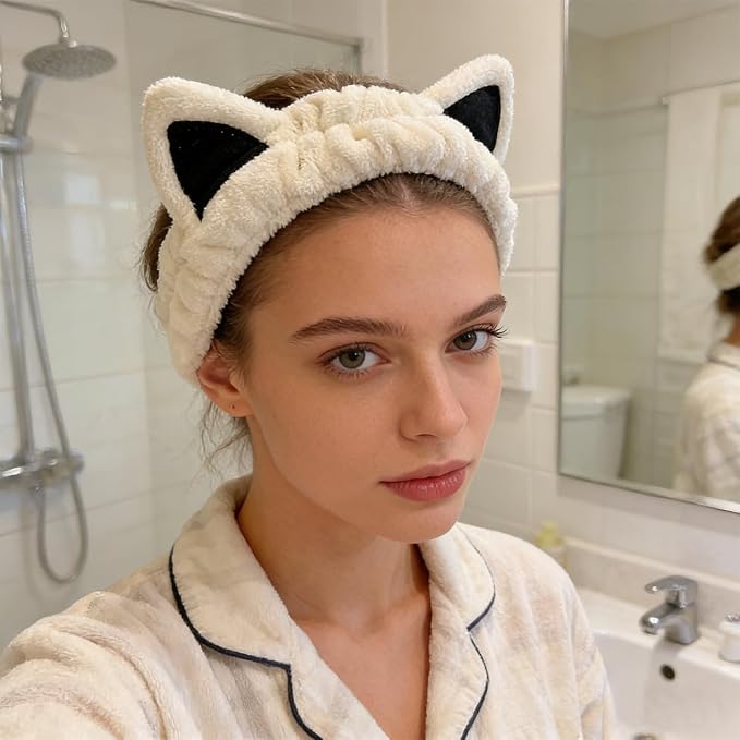 2 Pcs Cat Ears Headband Cute Spa Headband Set Washing Face Makeup Skincare - Image 4
