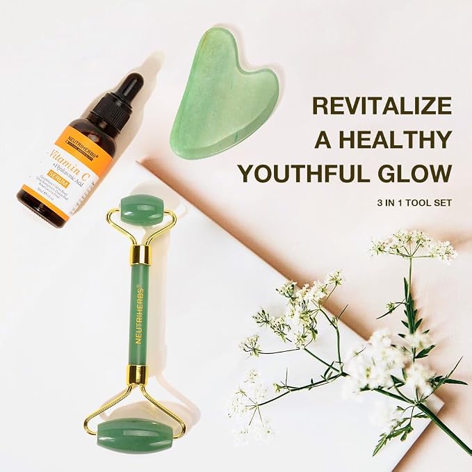 NEUTRIHERBS Jade Gua Sha & Face Roller & Vitamin C Serum Facial Tool Set - Image 11