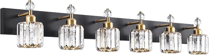 PRESDE Crystal 6 Light Bathroom Vanity Lights Black and Gold Bathroom Lights by HOME
