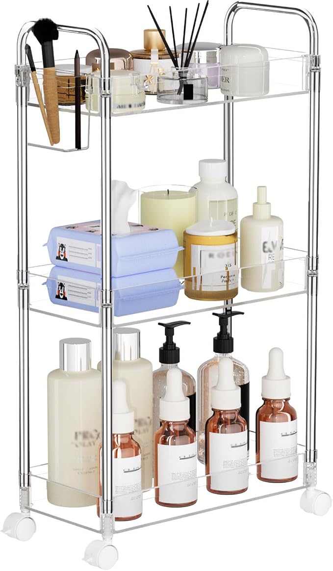 SPACEKEEPER 3 Tier Acrylic Storage Rolling Cart Clear Bathroom Cart Organizer by SPACEKEEPER