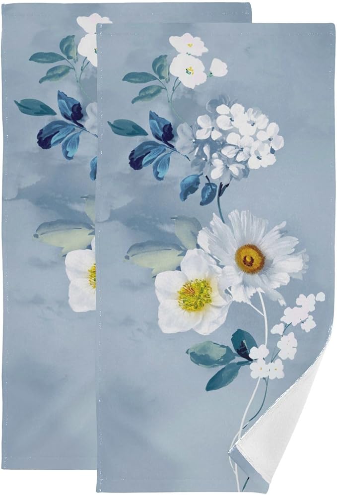 Blue White Floral Botanical Hand Towels by Unknown