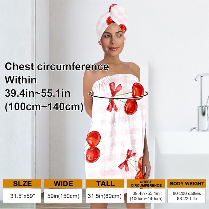 Cherry Bath Wrap with Hair Drying Turban, Quick Dry Spa Wrap Towel - Image 3