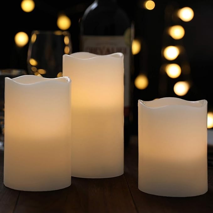 Flameless Flickering LED Battery Candles :Set of 3 Ivory Real Wax Pillar - Image 4
