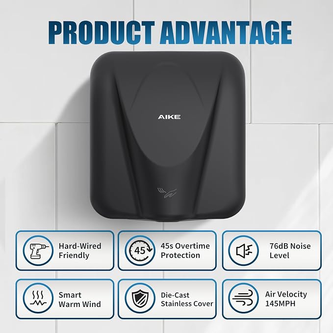 AIKE Elephant Power Commercial Hand Dryer High Speed Auto Warm Wind, Matte - Image 5