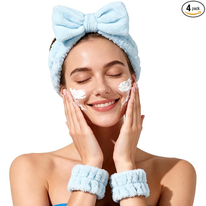 Fmeida Spa Headband and Wristband Set, Light Blue, 3 Pack, Spa Night Essentials by Fmeida