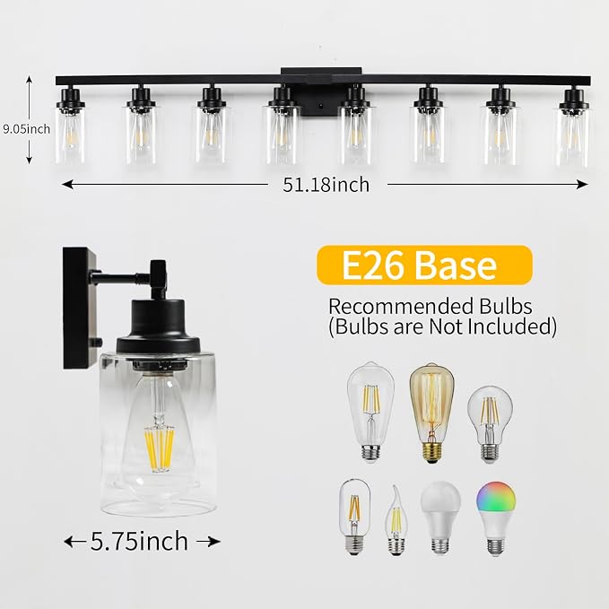 8 Light Bathroom Vanity Lights Over Mirror, 52inch Black Vanity Lights Fixtures - Image 3