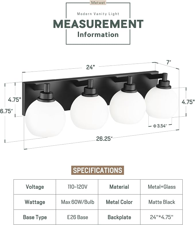 Bathroom Light Fixtures, 4 Light Matte Black Vanity Light, 26 Inch Modern Wall - Image 4