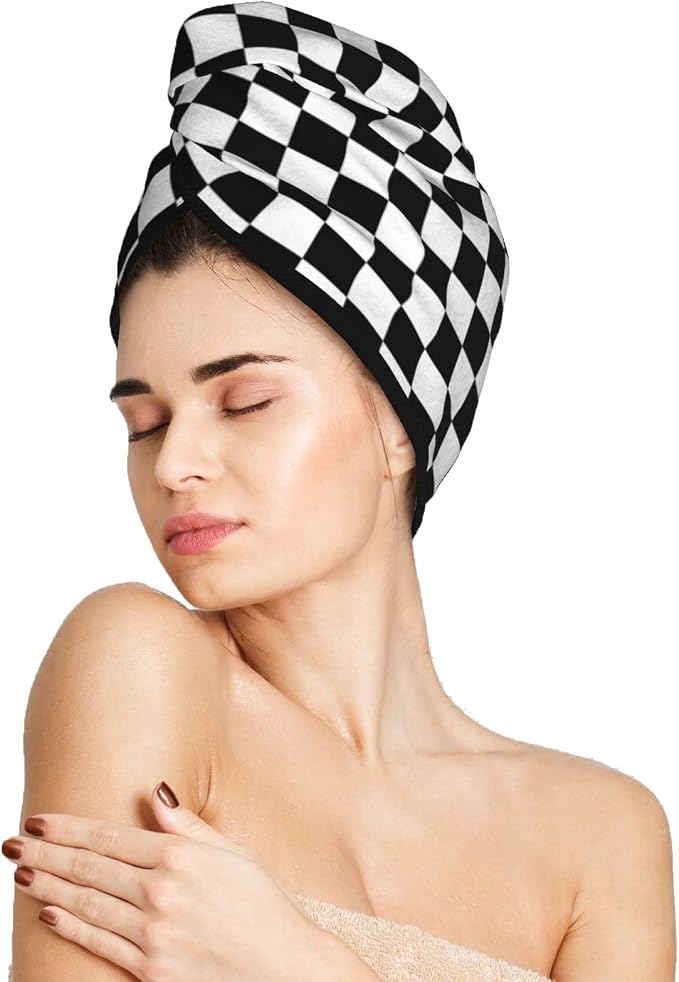 Black and White Checkerboard Hair Towel Wrap Microfiber Fast Drying Hair Turban by DecorateYourLife