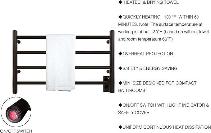 HEATGENE Towel Warmer 4 Bar Towel Dryer Wall-Mounted Plug-in Bath Towel Heater - Image 4