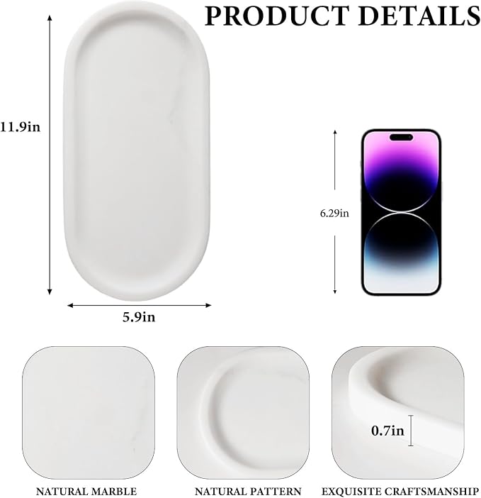 Koville Natural Marble Tray for Bathroom Decor Countertop, Vanity Tray Italy - Image 2