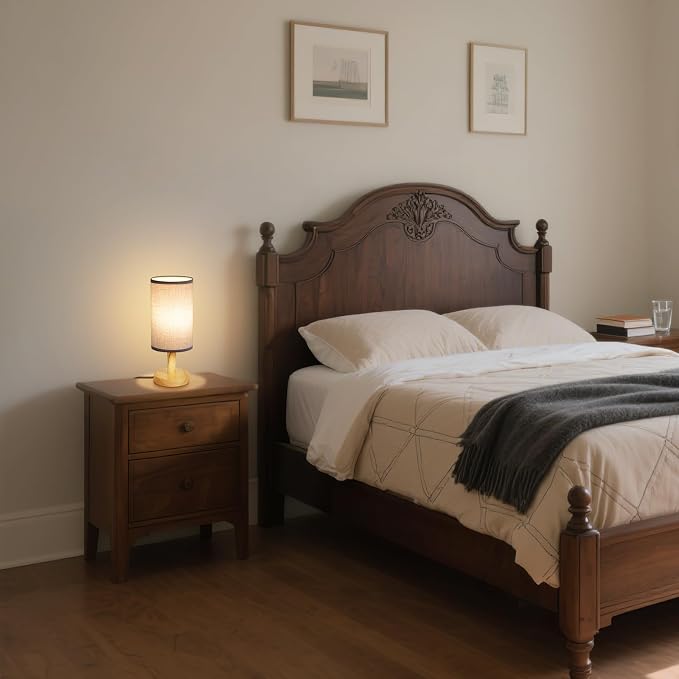 Gray Small Bedside Table Lamp for Bedroom, Natural Round Wood Base&Fabric Linen - Image 2