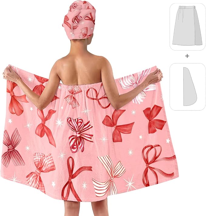 Pink Bow Bath Wrap and Hair Drying Cap Set – Soft Quick Dry Shower Skirt - Image 2