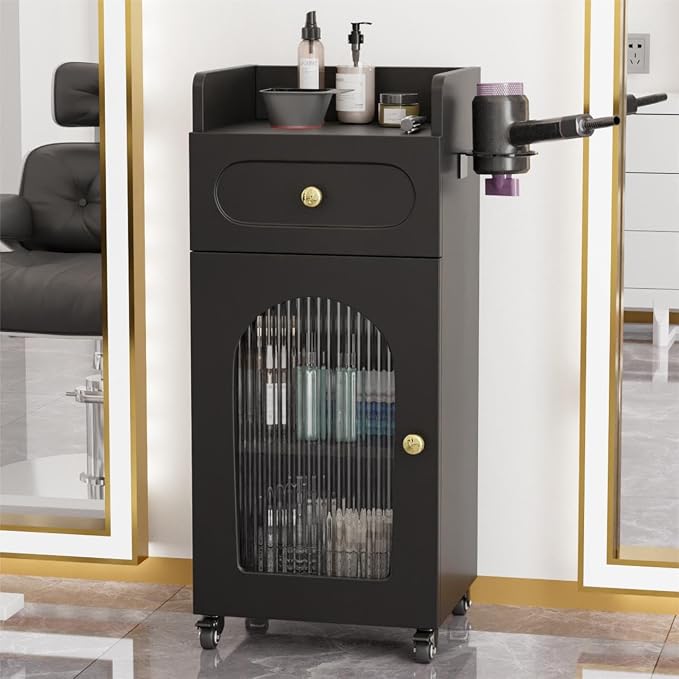 Salon Cart with Wheels & Adjustable Shelf, Esthetician, Storage Cabinet w/Glass by OmySalon