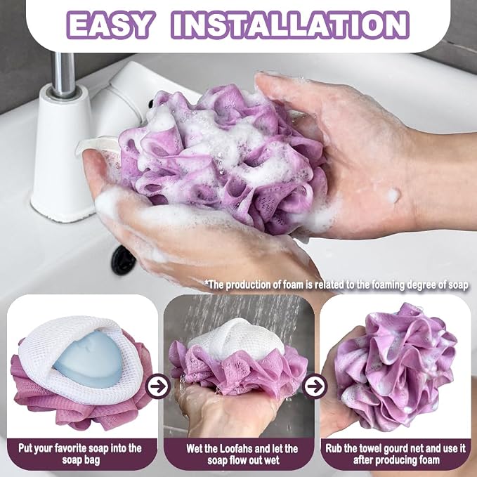 3 Pack Bath Loofah Shower with Soap Bags, Dual-Use Exfoliating Bath Sponges - Image 5