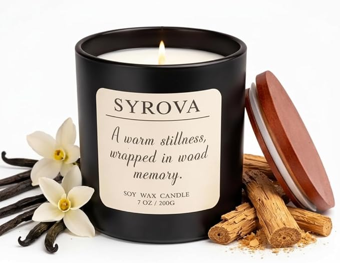 Vanilla & Cedarwood Candle, Luxury Scented Soy Candle 7oz, Cozy Sweet Fragrance by SYROVA