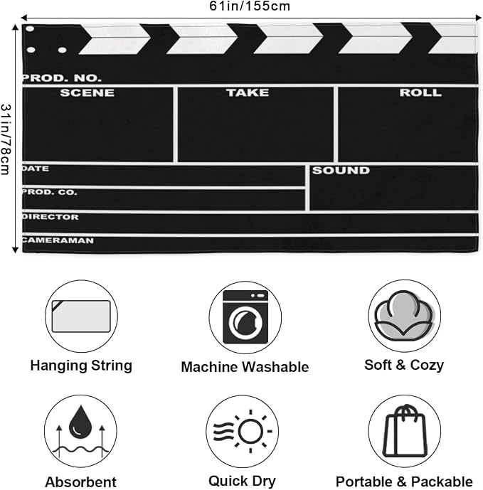 Black Movie Clapboard Beach Towel Oversized Quick Dry Beach Blanket Microfiber - Image 2