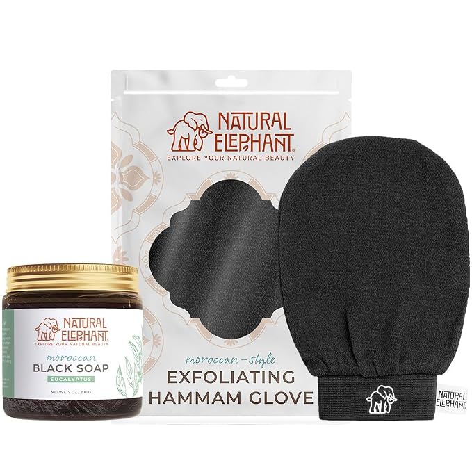 Natural Elephant Moroccan Black Soap 200g and Exfoliating Hammam Glove Combo by NaturalElephant