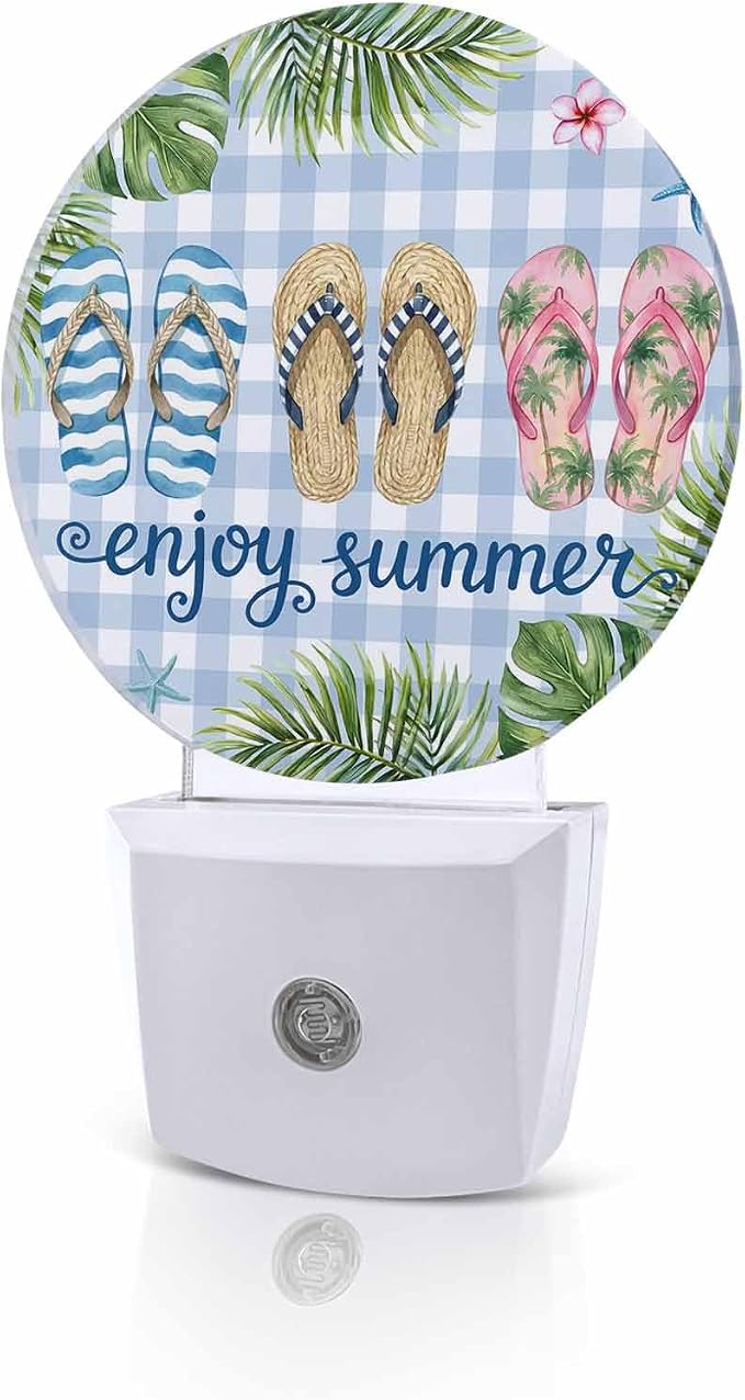 Night Lights Auto Sensor Flip Flops Night Light Enjoy Summer Green Palm Leaves by Home+L6