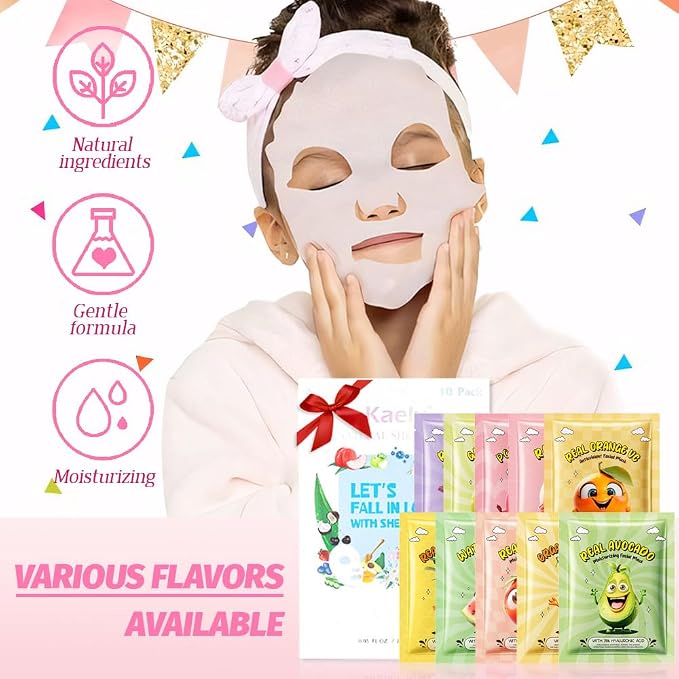 Kaely 10 Pack Fruit Face Masks for Kids, Kids Face Mask Spa Day Kit Supplies - Image 5