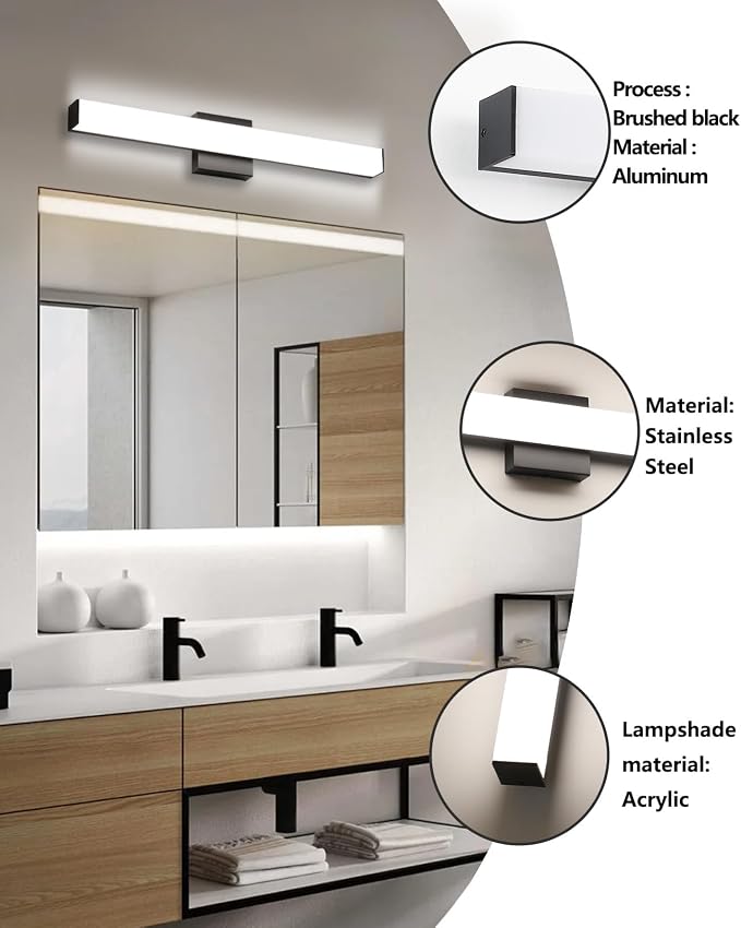LED Bathroom Vanity Light Fixtures 24in Matte Black, Dimmable18W 4000K Natural - Image 2