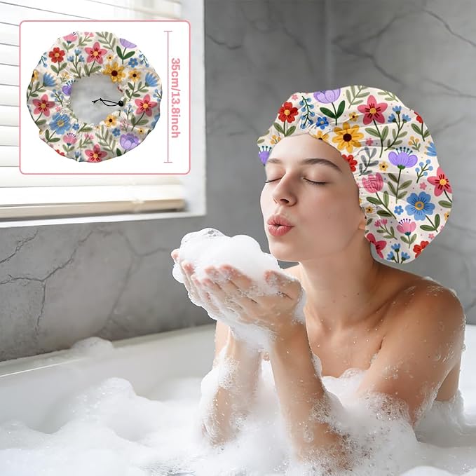 Bohemian Floral Patterns Reusable Shower Cap Cute Double Layer Waterproof - Image 5