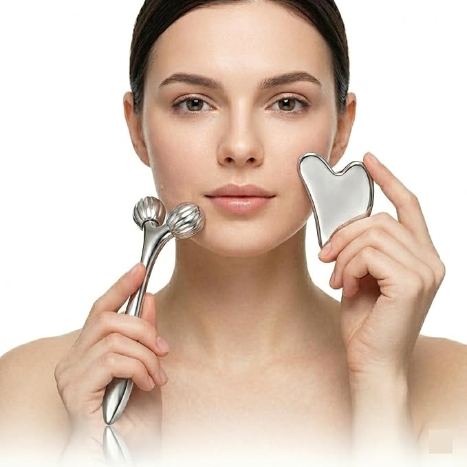 Stainless Steel 3D Face Roller Metal Facial Massager Face Sculpting Gua Sha by Unknown