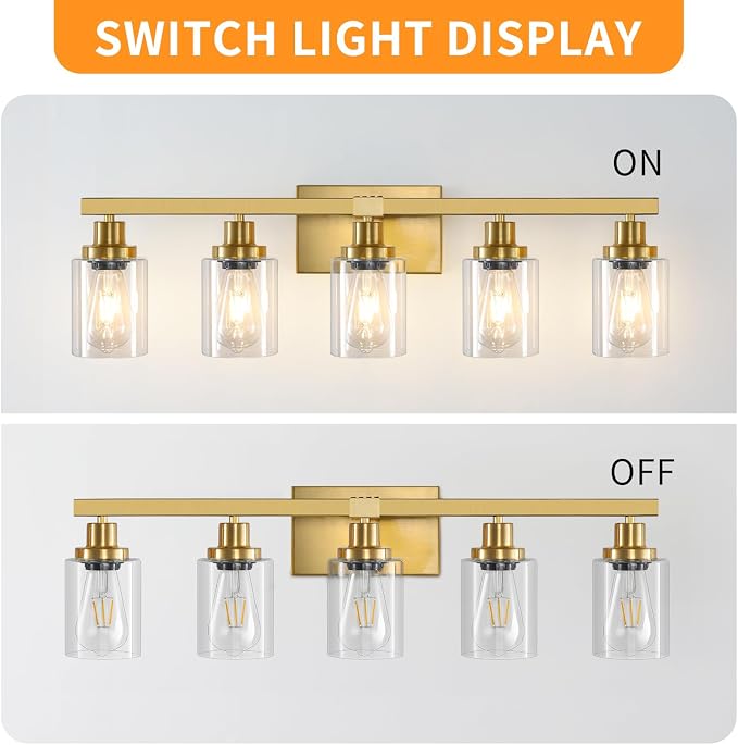 5 Light Gold Bathroom Vanity Light, Bathroom Light Fixtures - Image 5