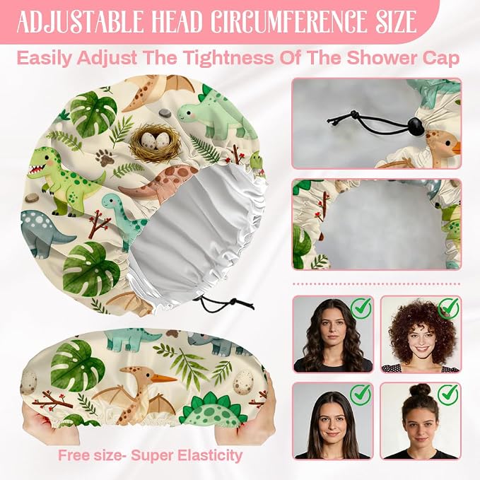 Dinosaurs Leaves Reusable Shower Cap Cute Double Layer Waterproof Shower Caps - Image 2
